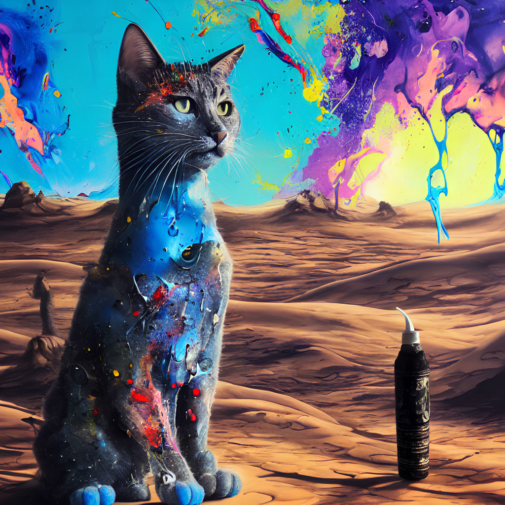 Gray Cat in Surreal Desert with Colorful Paint Splashes