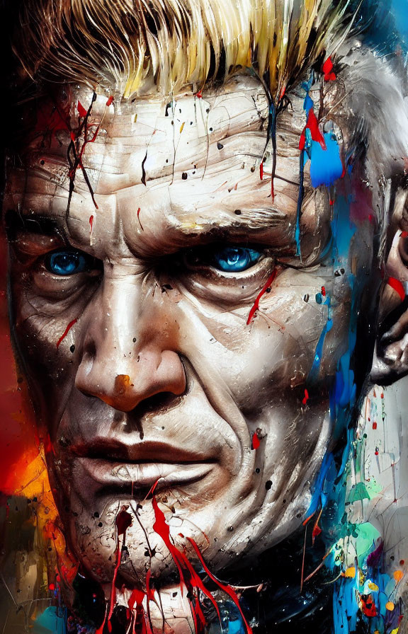 Portrait of a Muscular Man with Vibrant Paint Splashes