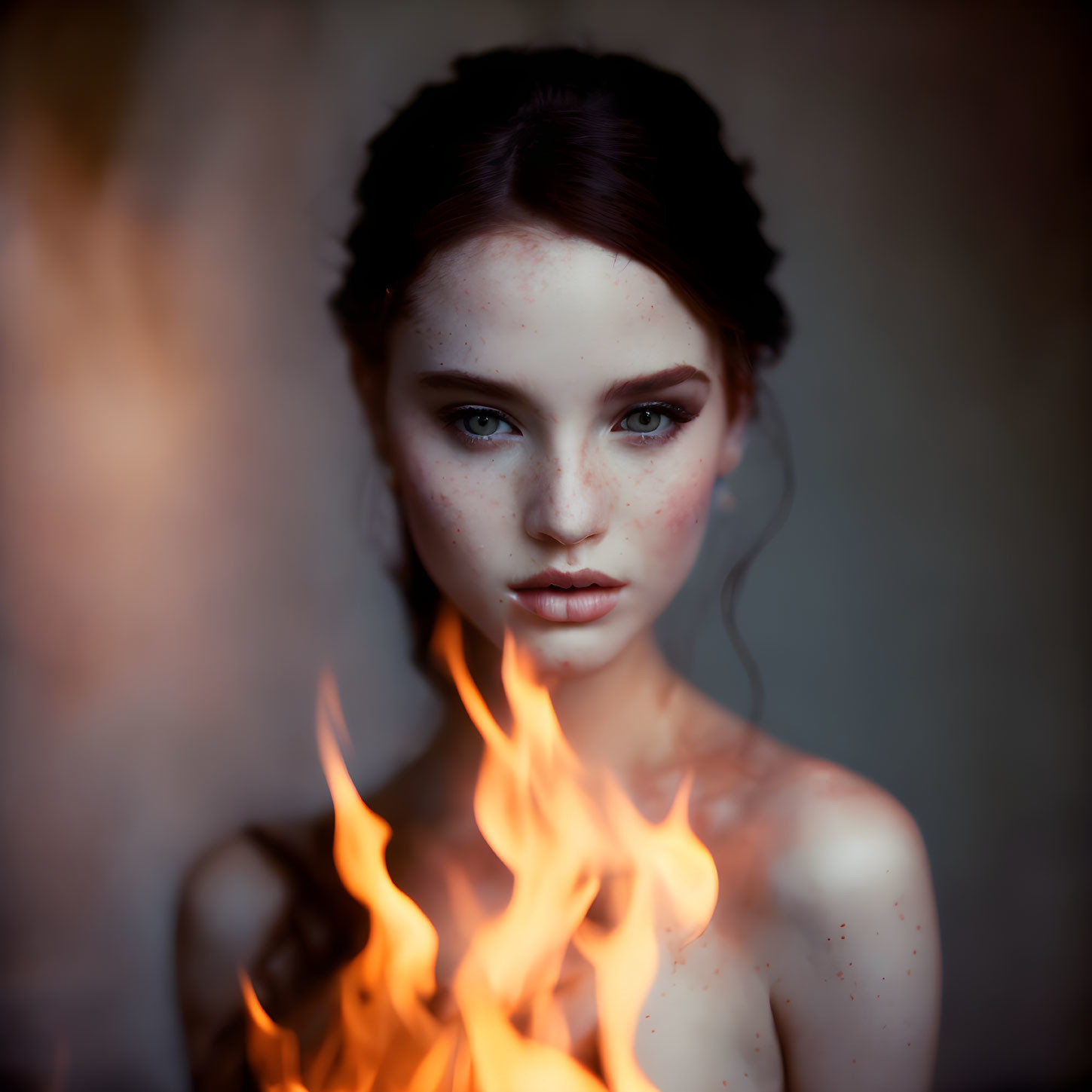 Portrait of a Young Woman with Red Hair and Flames