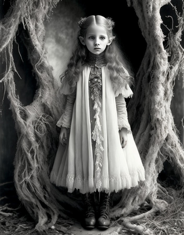 Ethereal Forest Scene with Young Girl in Vintage Dress