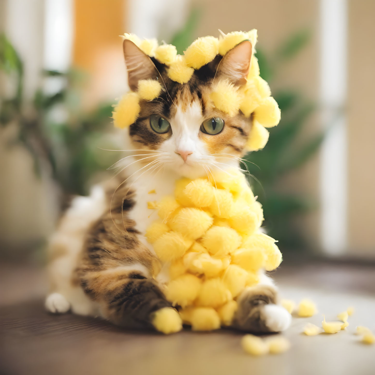 Fluffy calico cat with yellow pom-poms in cozy room