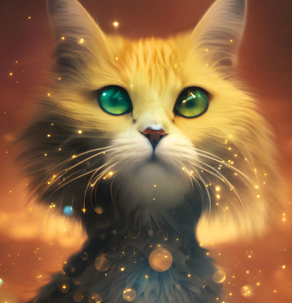 Detailed Digital Illustration of Orange and White Cat with Green Eyes