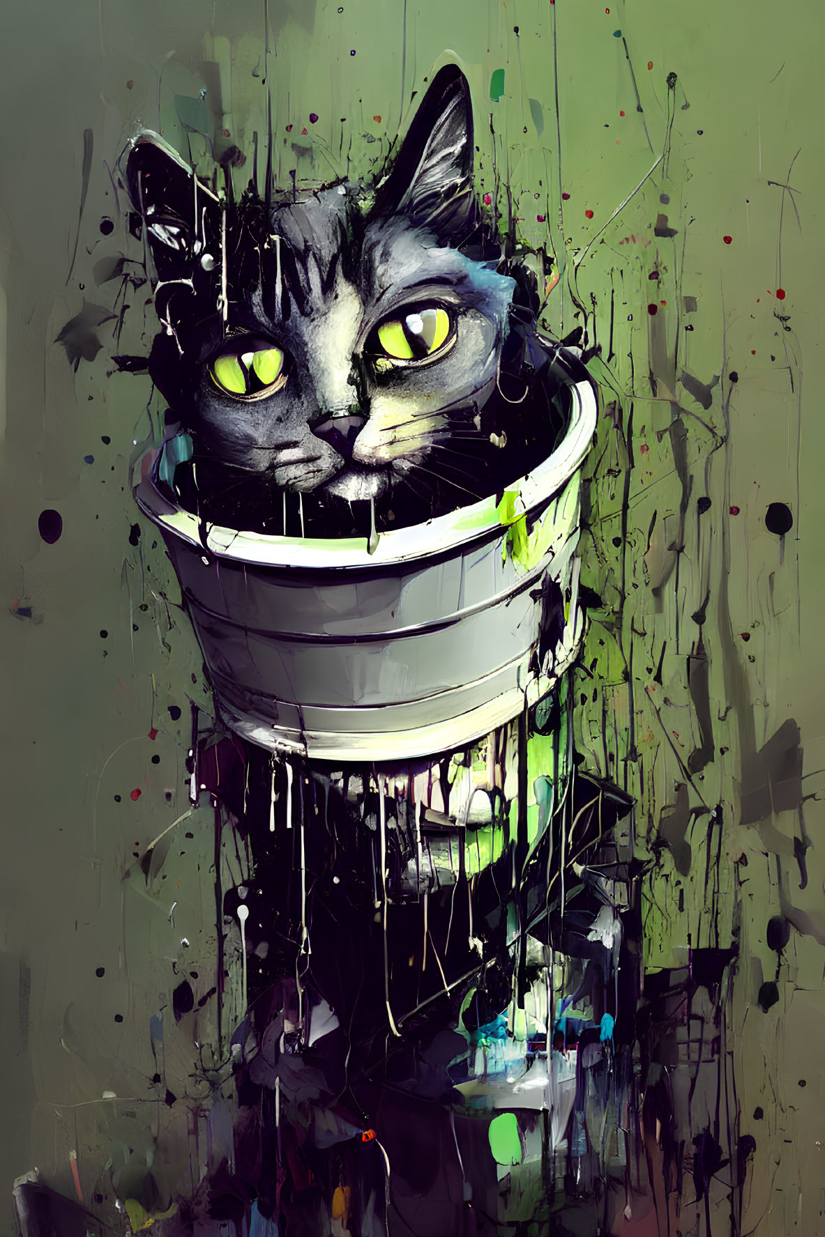 Colorful digital painting: Cat with green eyes in melting, layered structure