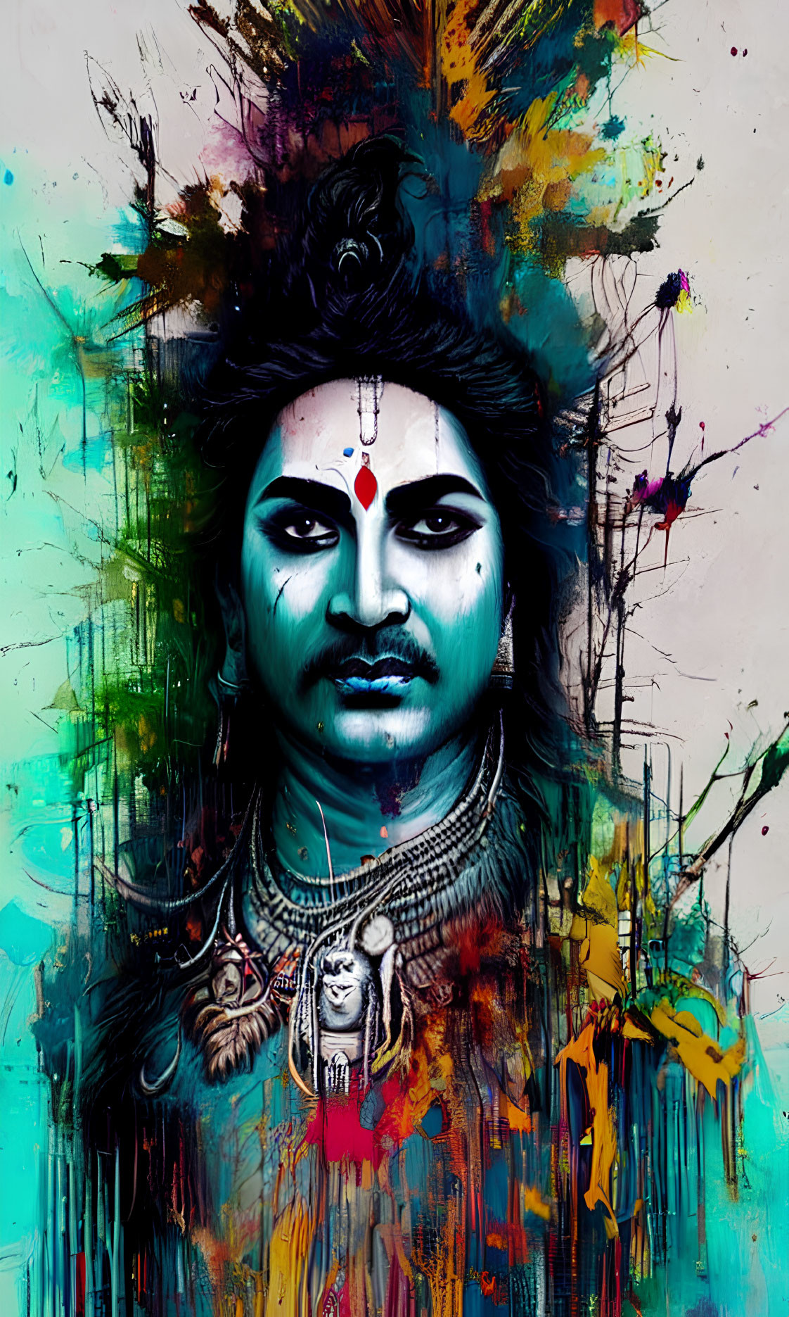 Vibrant South Asian figure with colorful paint splashes.