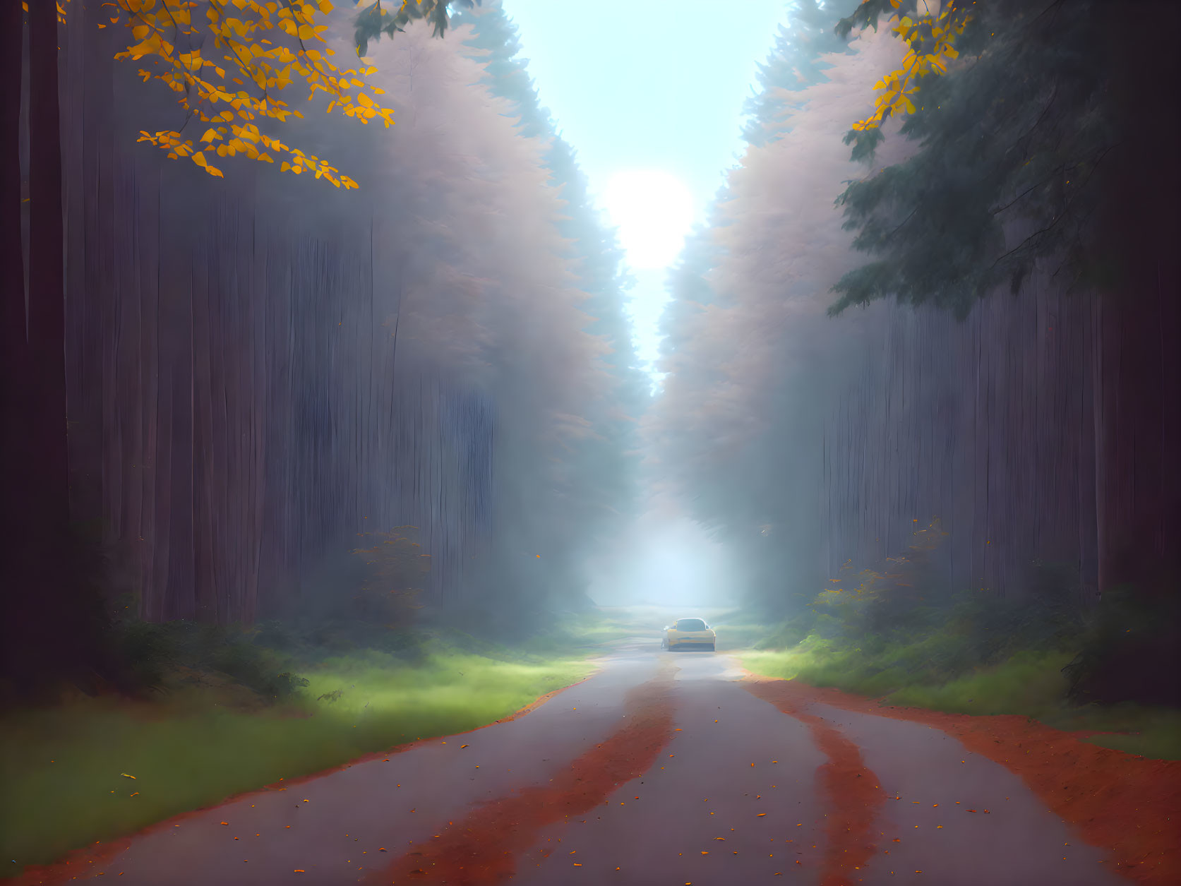 Forest road scene: car driving among tall trees with sunlight and scattered leaves.