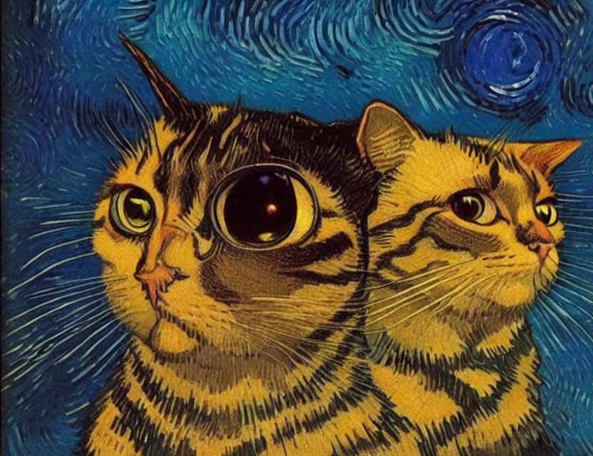 Whimsical Cats Illustration in Starry Night Setting