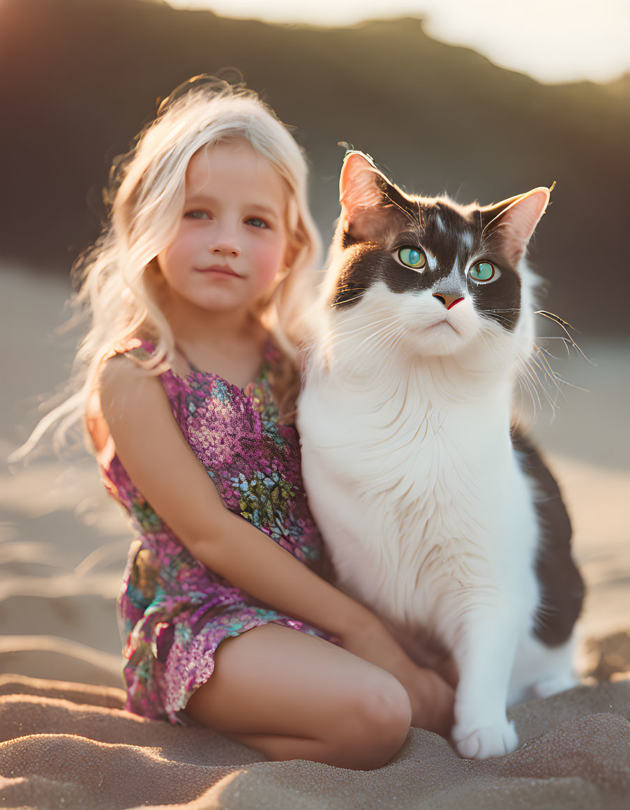 Young Girl with Cat in Serene Sunlit Setting