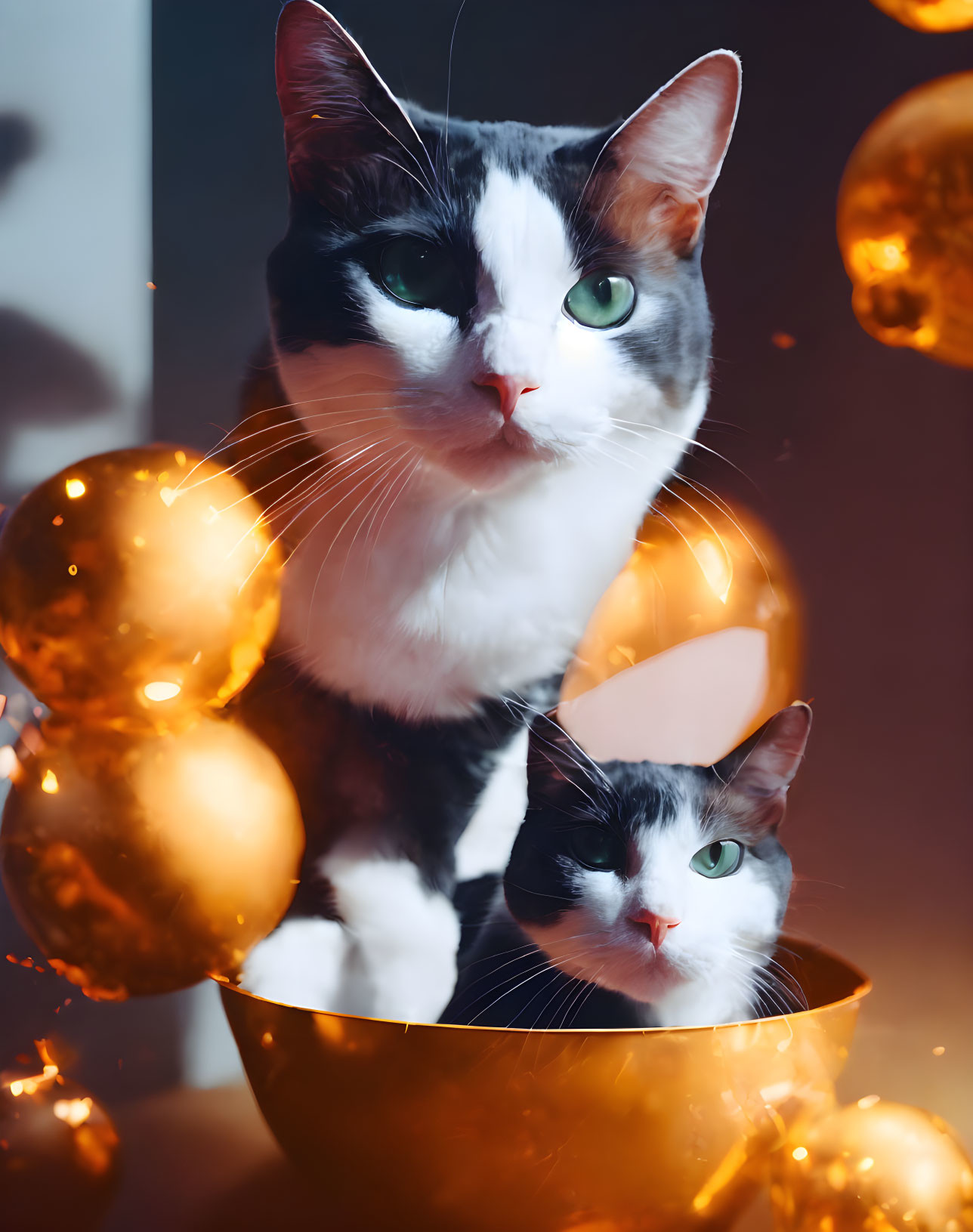 Two cats in golden ornament with vibrant lights