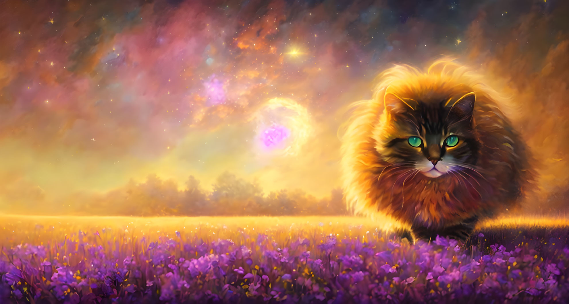 Fluffy cat in purple flower field under starry sky