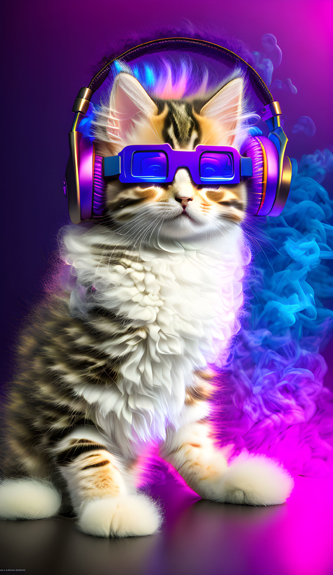 Cool Cat with Headphones and Sunglasses on Purple Background