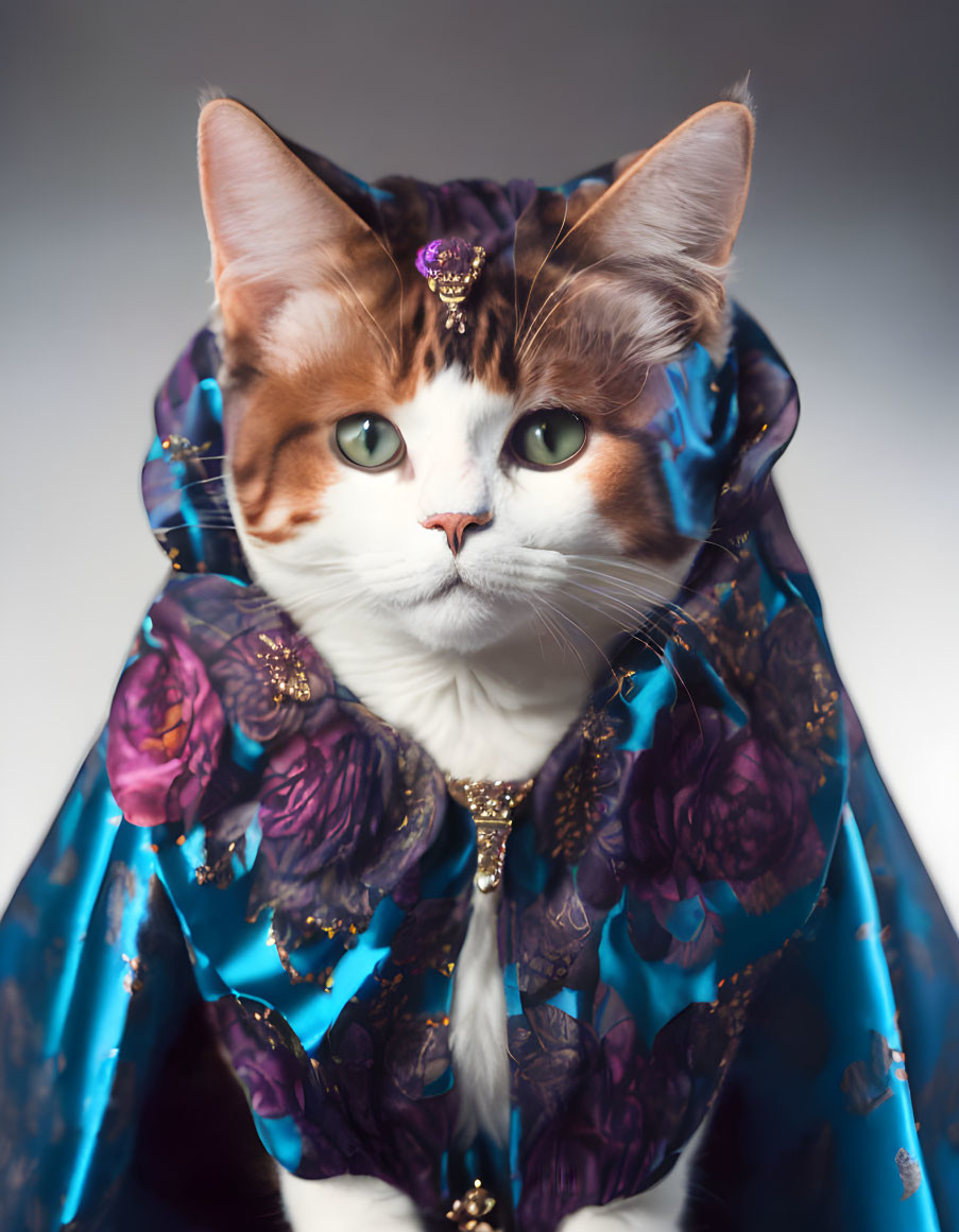 Regal Cat in Floral Cape with Elegant Ornament