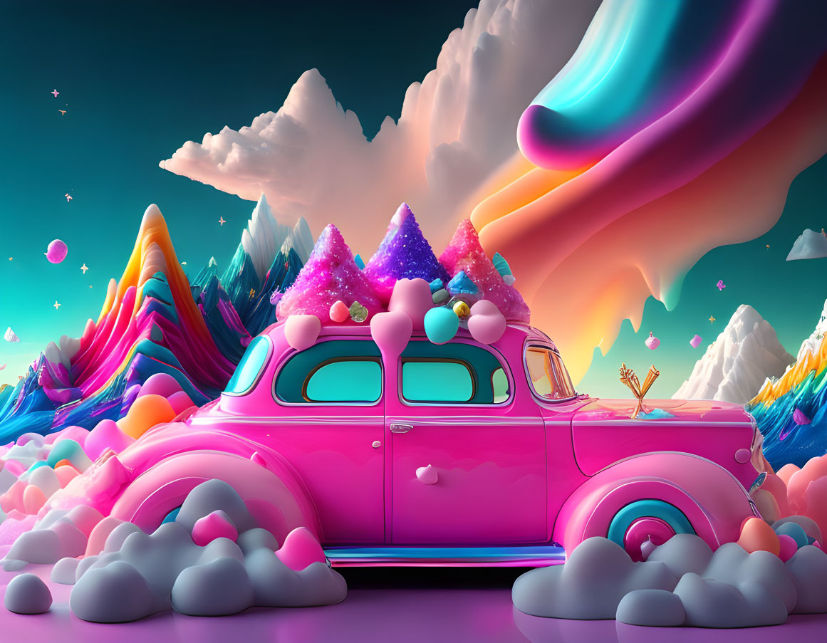 Colorful vintage car with ice cream cones in whimsical landscape