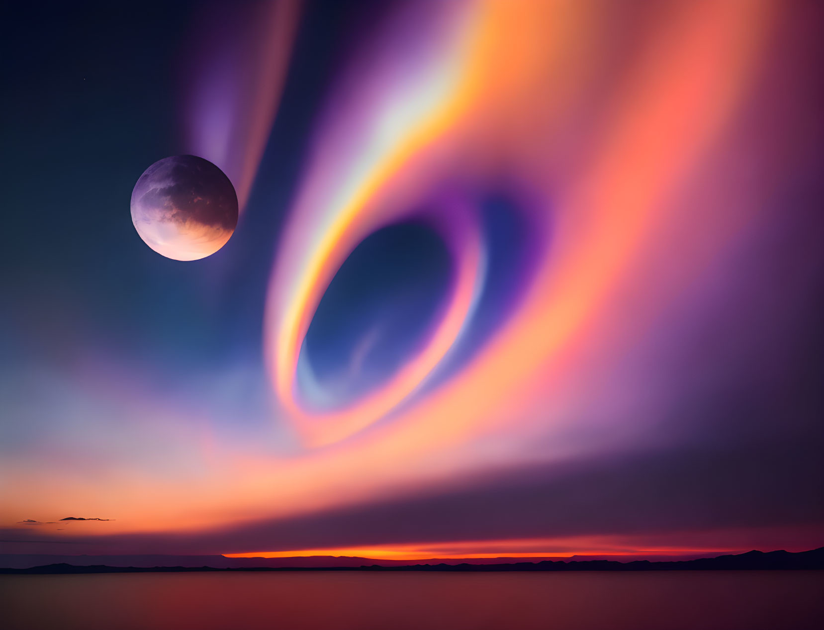 Vibrantly colored sky with swirling clouds and large moon above dark horizon