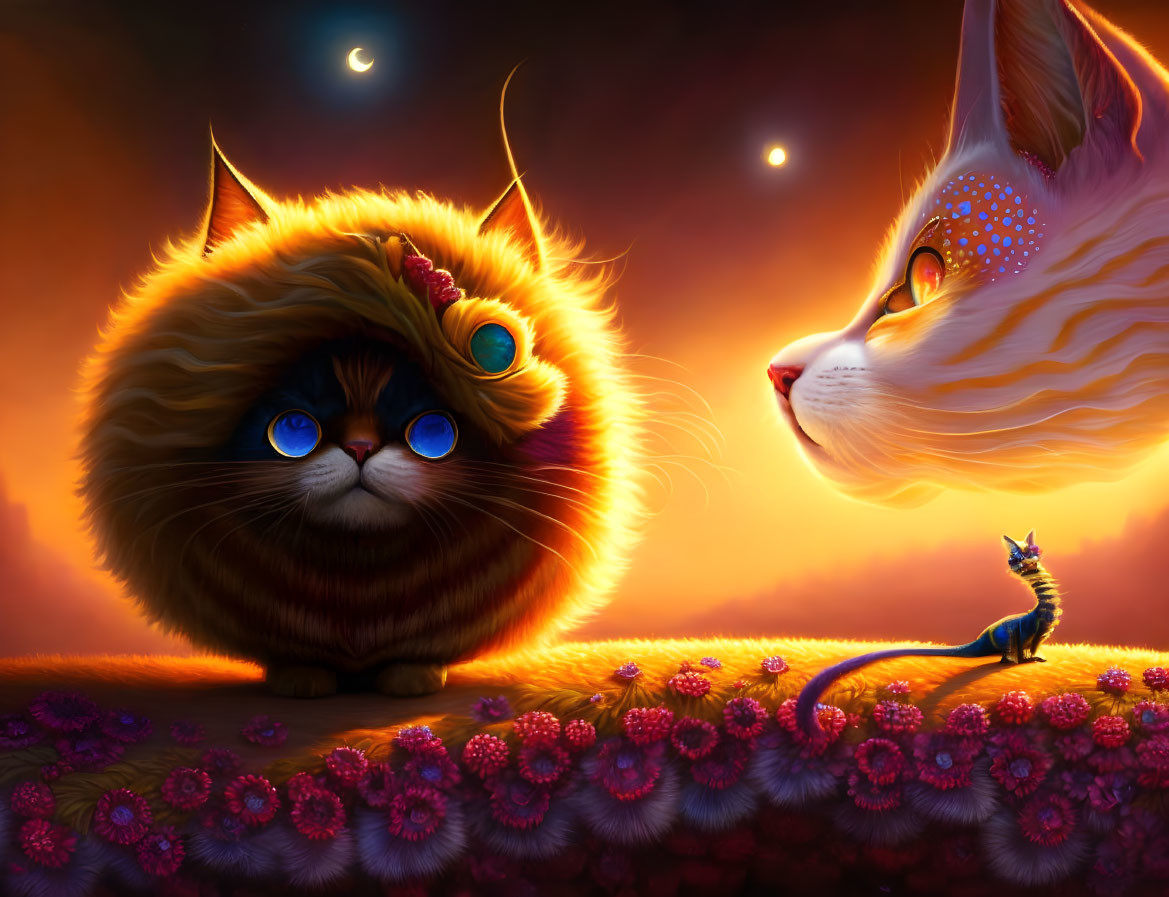 Whimsical stylized cats with large eyes in twilight scene