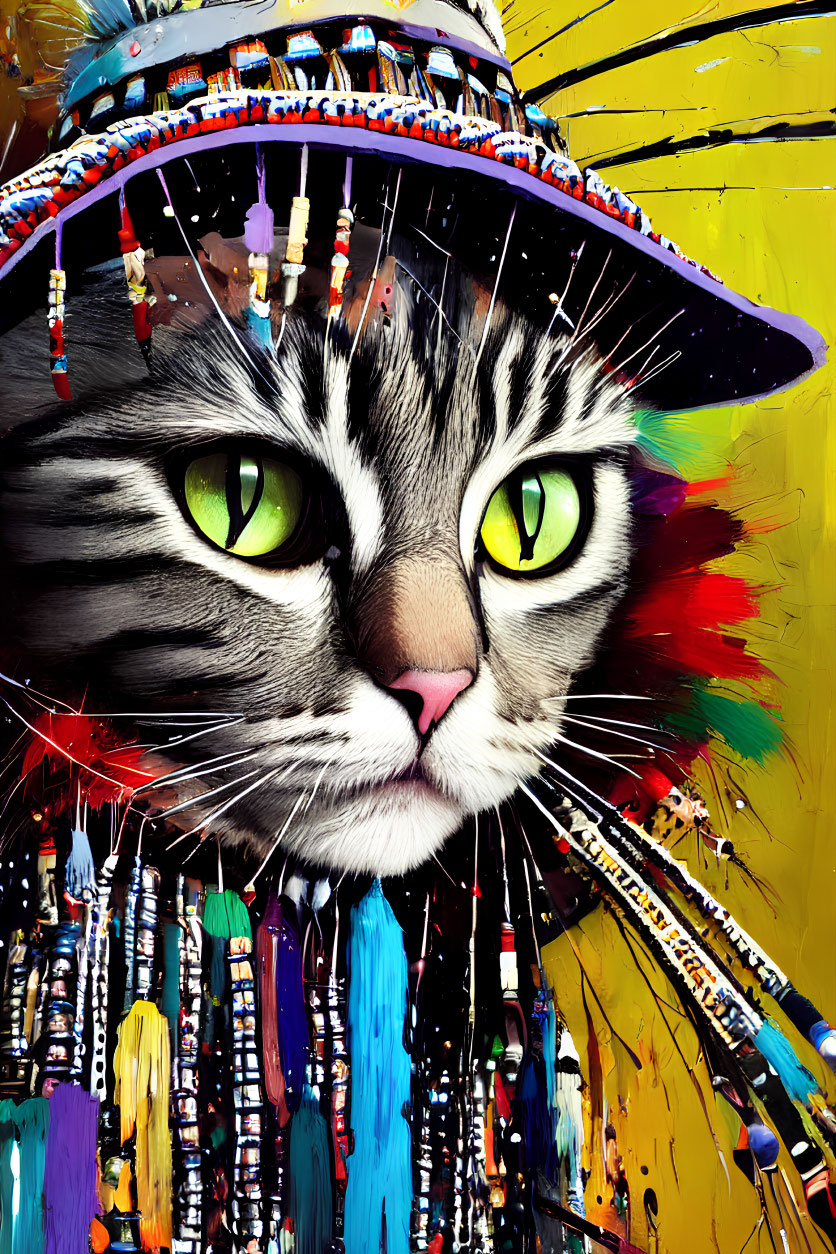 Vibrant Cat Artwork with Green Eyes and Beaded Hat