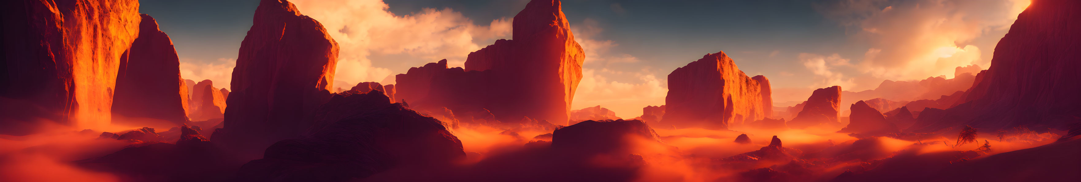 Dramatic Landscape with Towering Rock Formations at Sunset