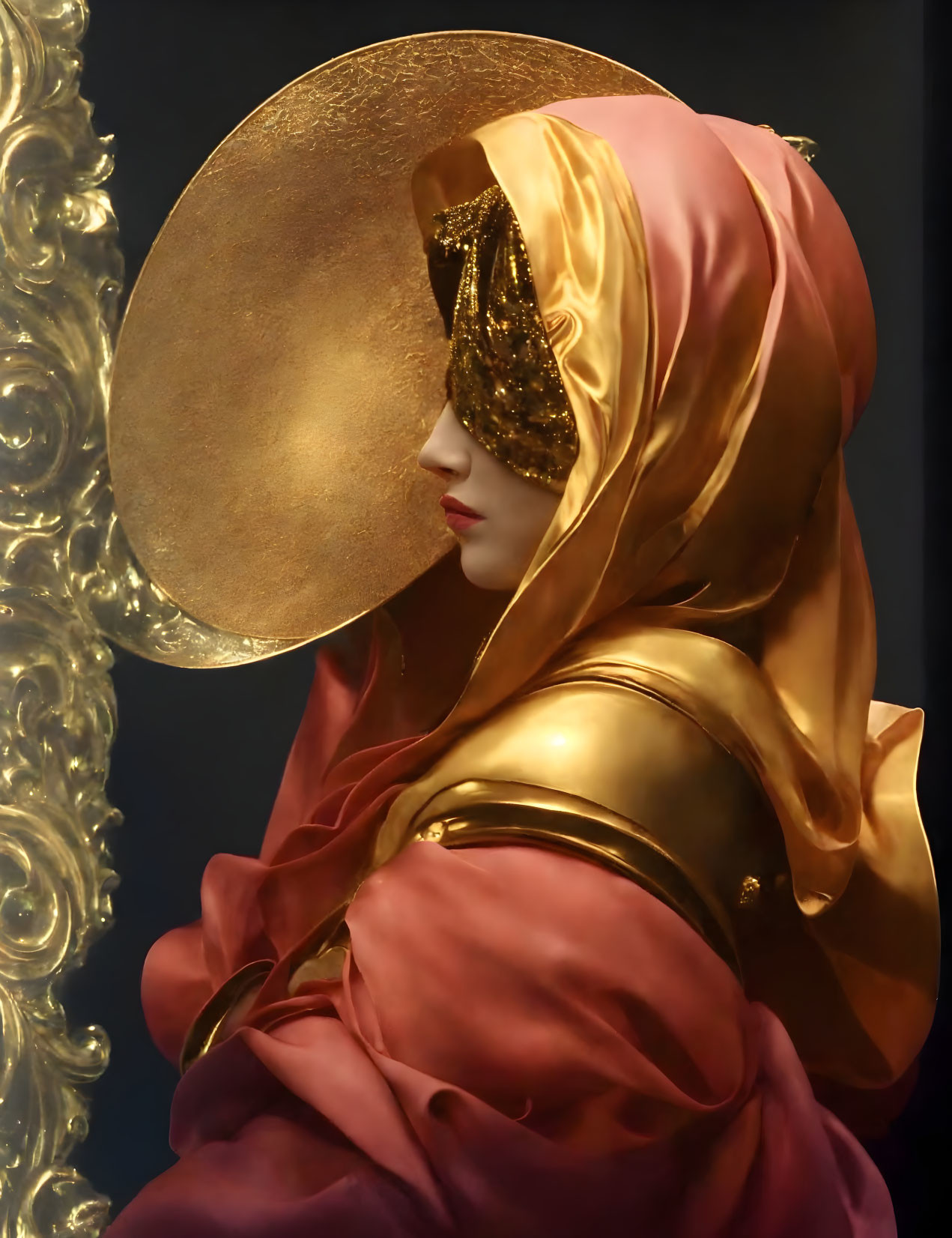 Red and Gold Costume with Circular Golden Headpiece and Textured Surface