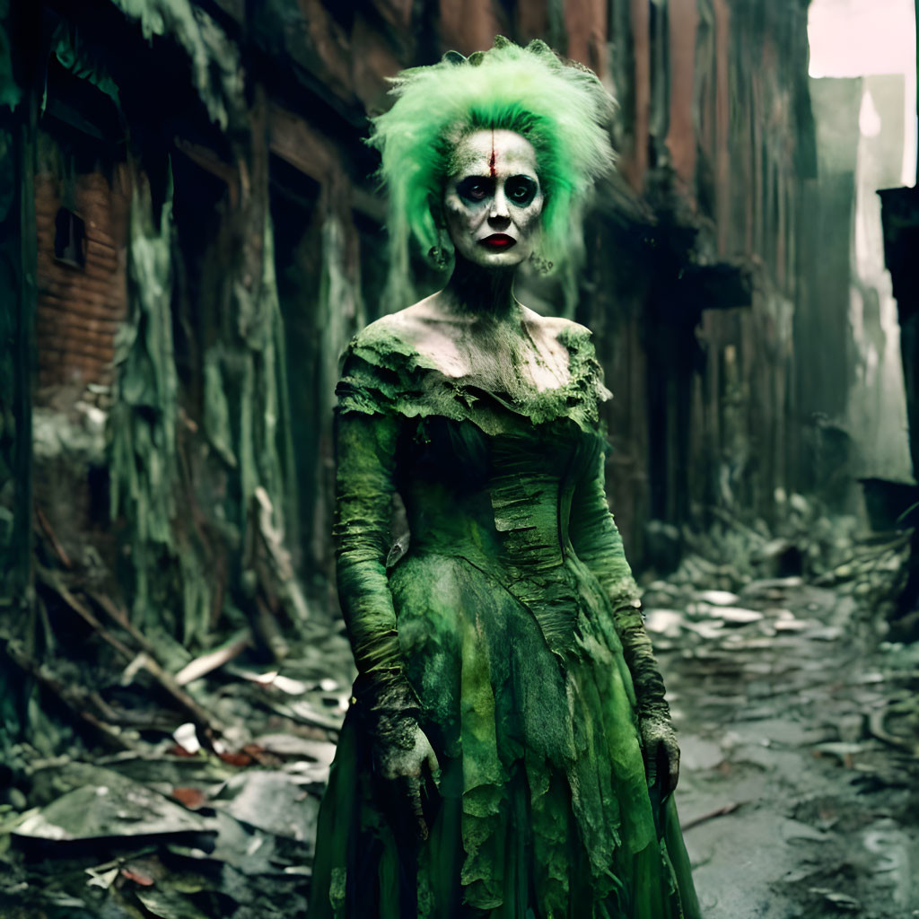 Haunting Figure in Tattered Green Gown in Urban Decay