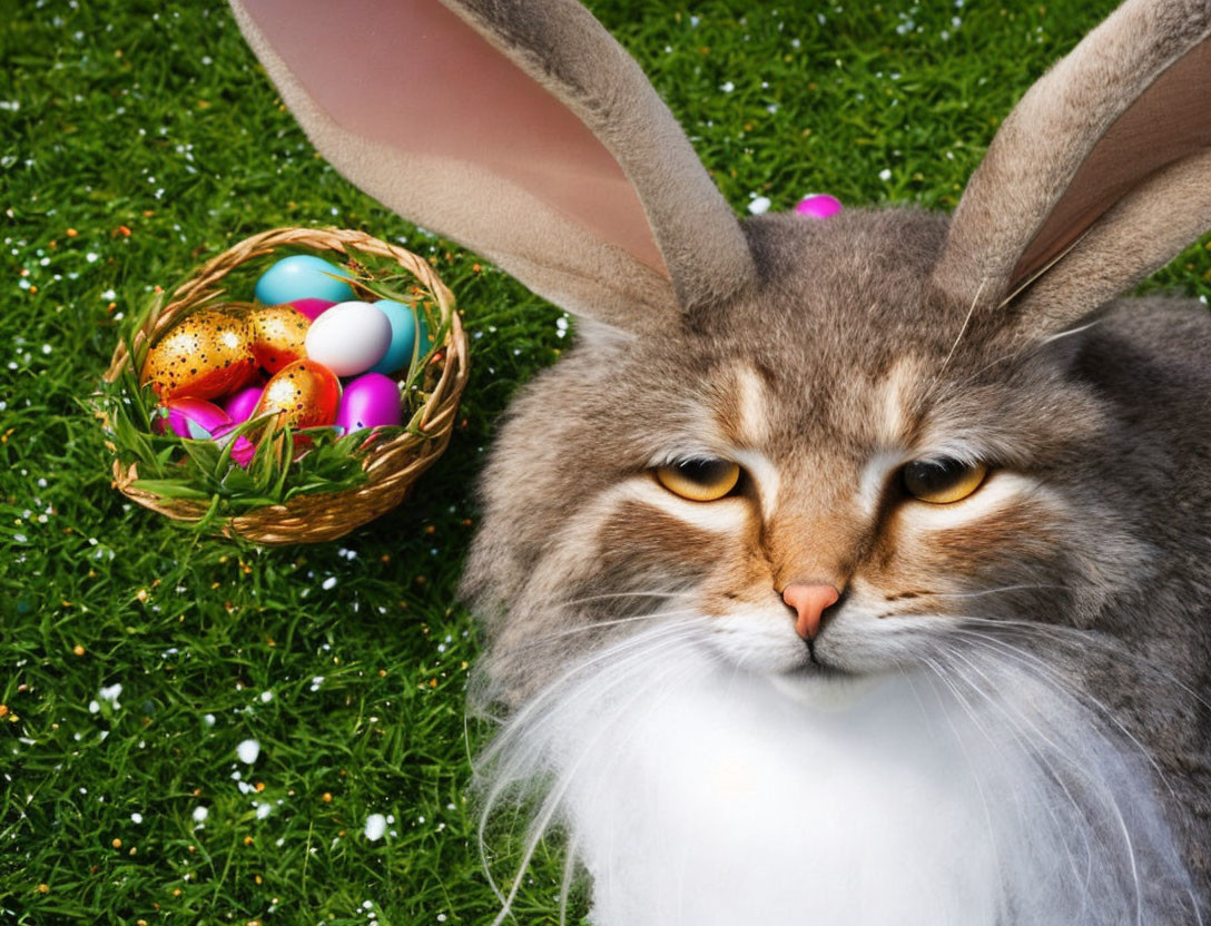 Digital image: Cat with bunny ears and Easter eggs on grassy background