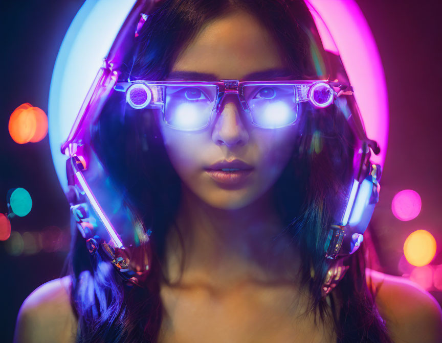 Futuristic woman in illuminated glasses and neon lights