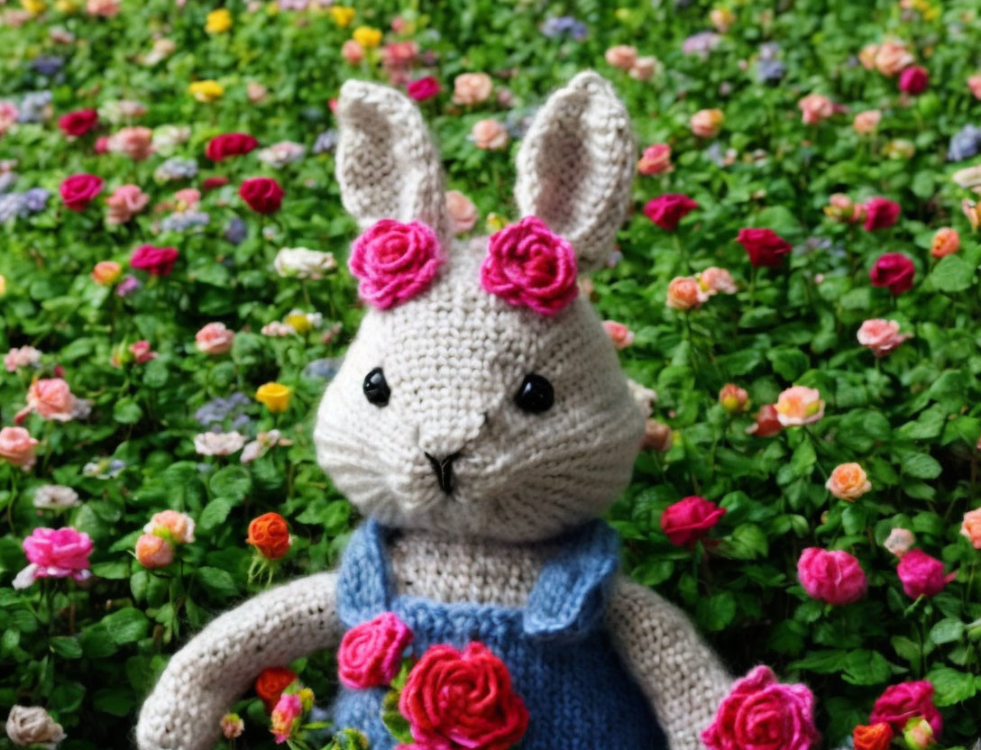 Handmade crochet bunny with pink rose ears and blue dress on floral background