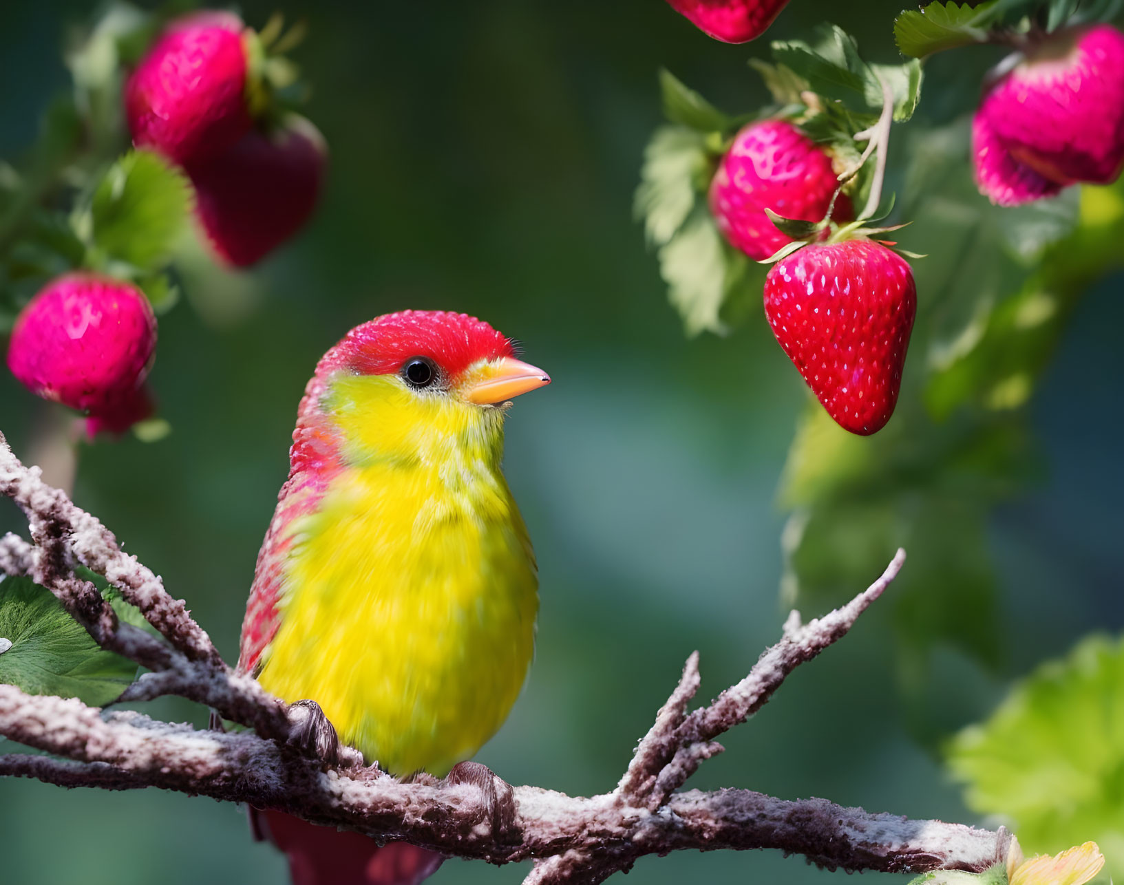 Colorful Bird on Branch with Green Leaves and Strawberries