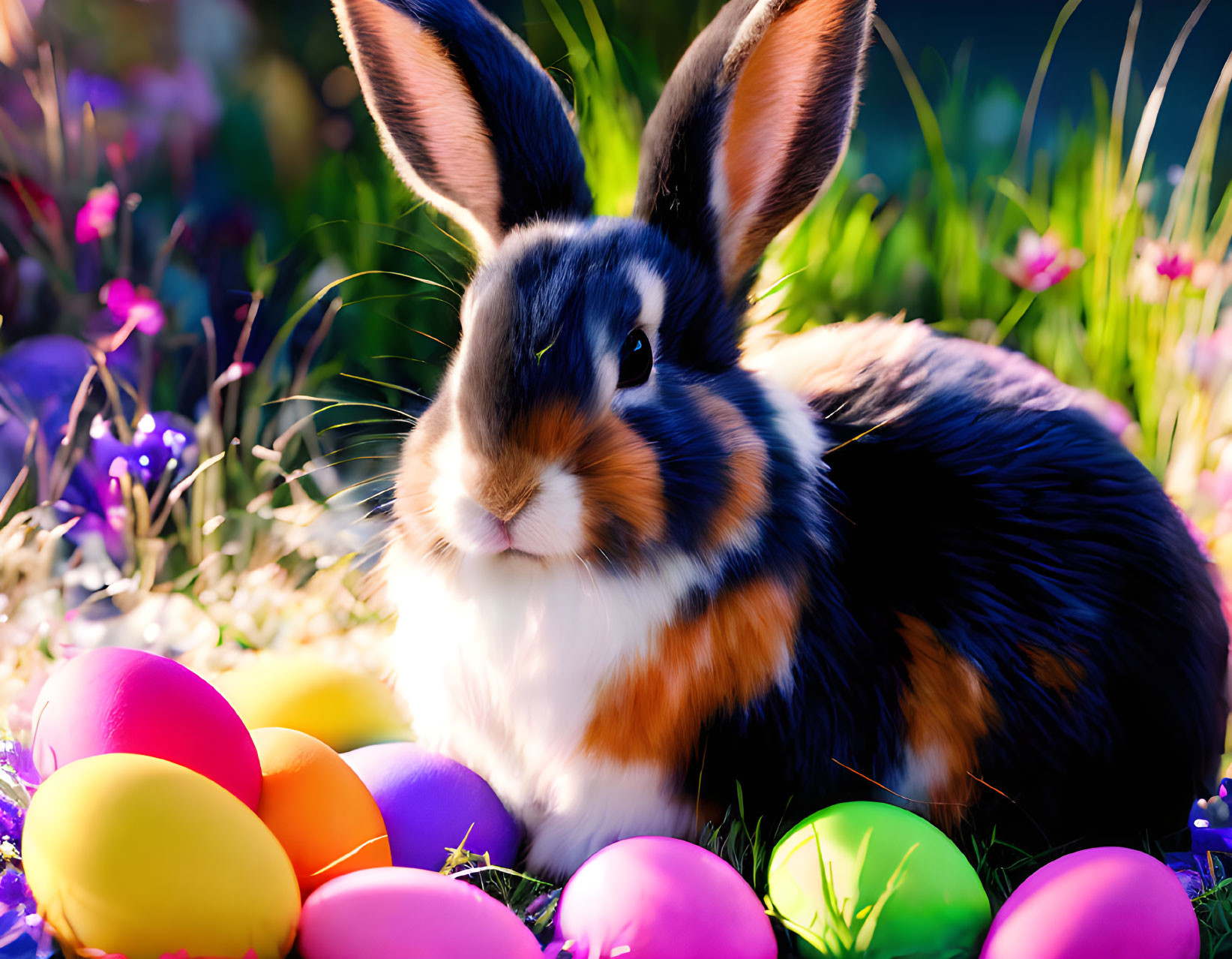 Fluffy Rabbit Surrounded by Colorful Easter Eggs