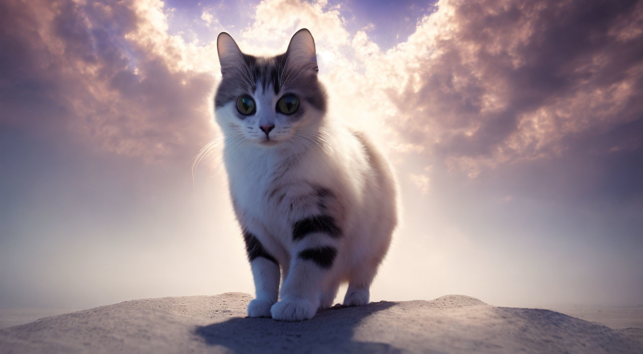 Majestic Cat on Sandy Surface Under Dramatic Sky