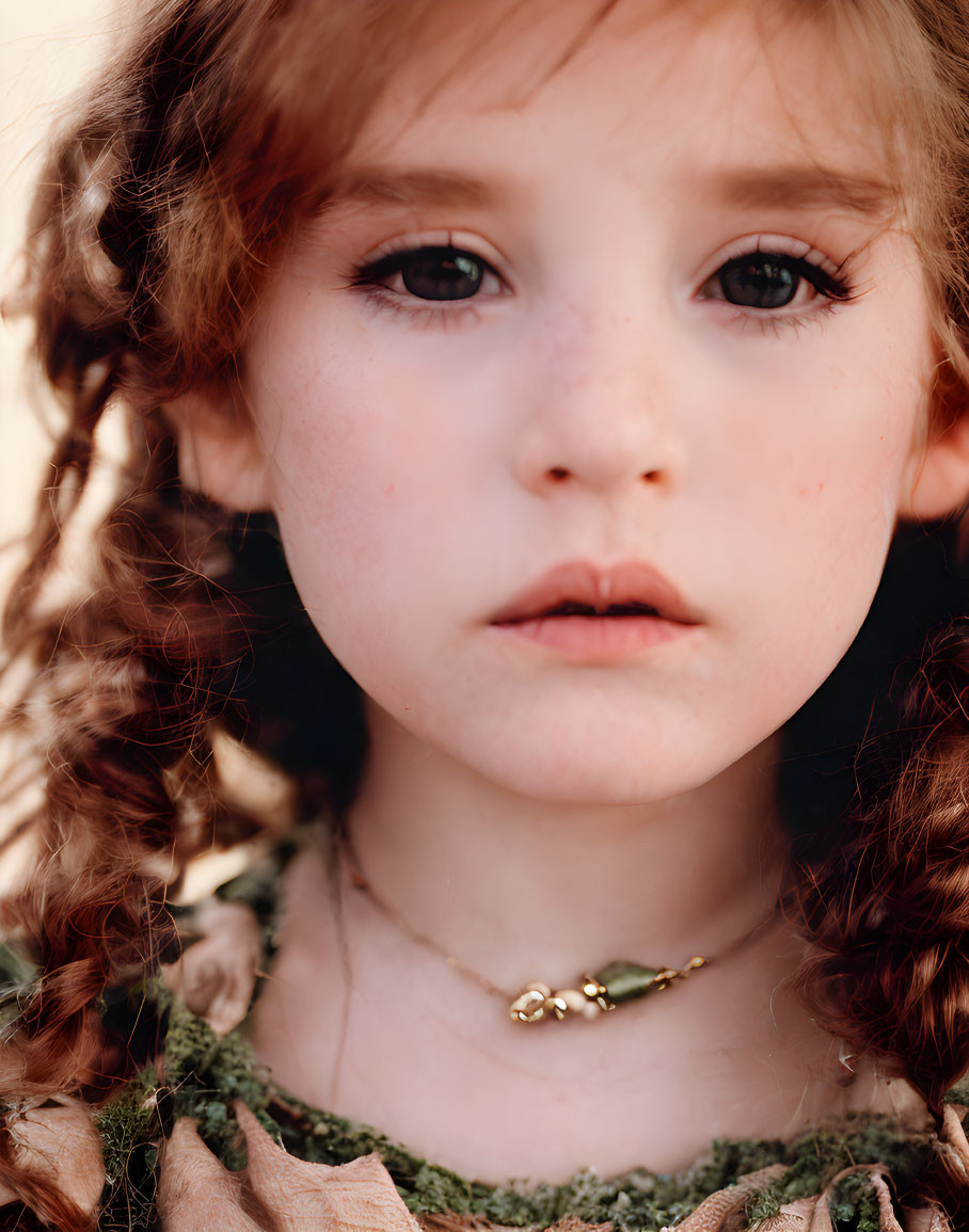 Young girl with auburn curls and dark eyes in soft focus