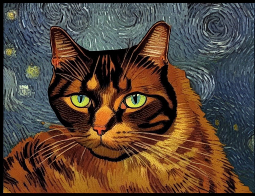 Vibrant Cat with Striking Features and Starry Background