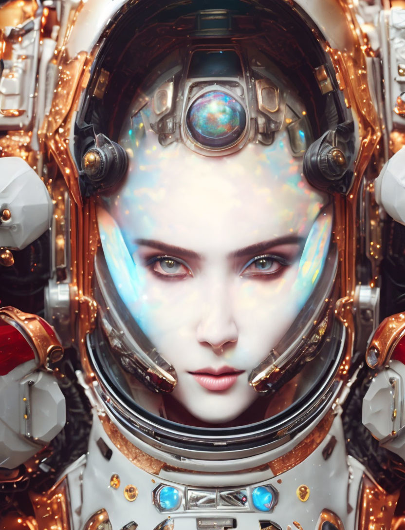 Close-up of person with celestial patterns on face in futuristic spacesuit.