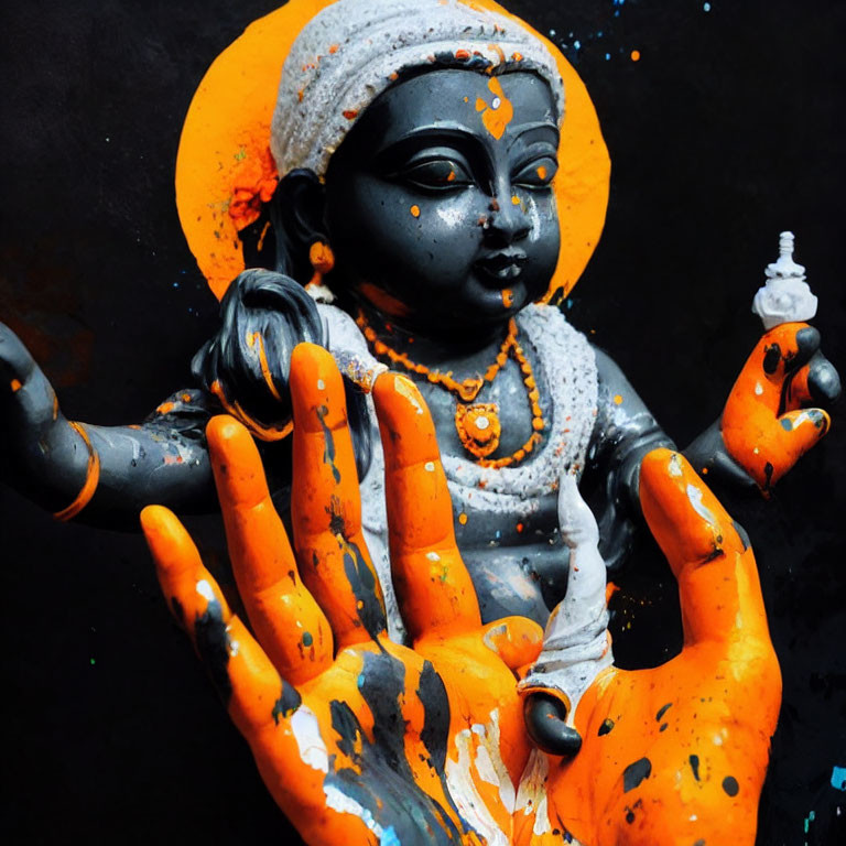 Vibrant deity statue in black and orange hues