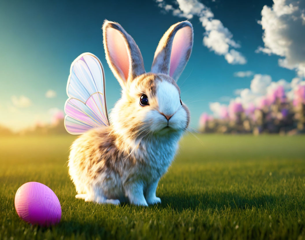 Whimsical rabbit with butterfly wings and pink egg in lush green field