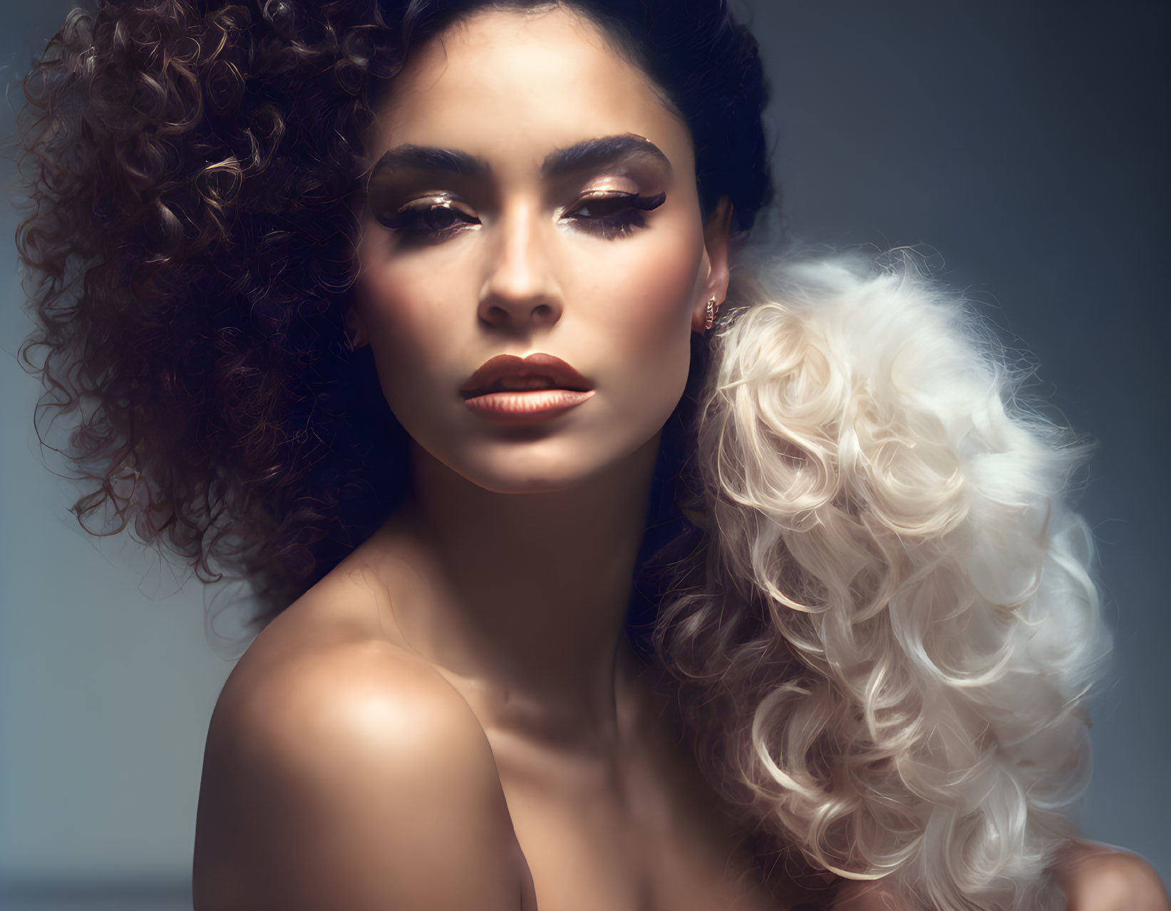 Portrait of a woman with curly hair and bold makeup