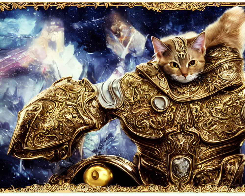 Golden-armored cat in cosmic setting with celestial elements