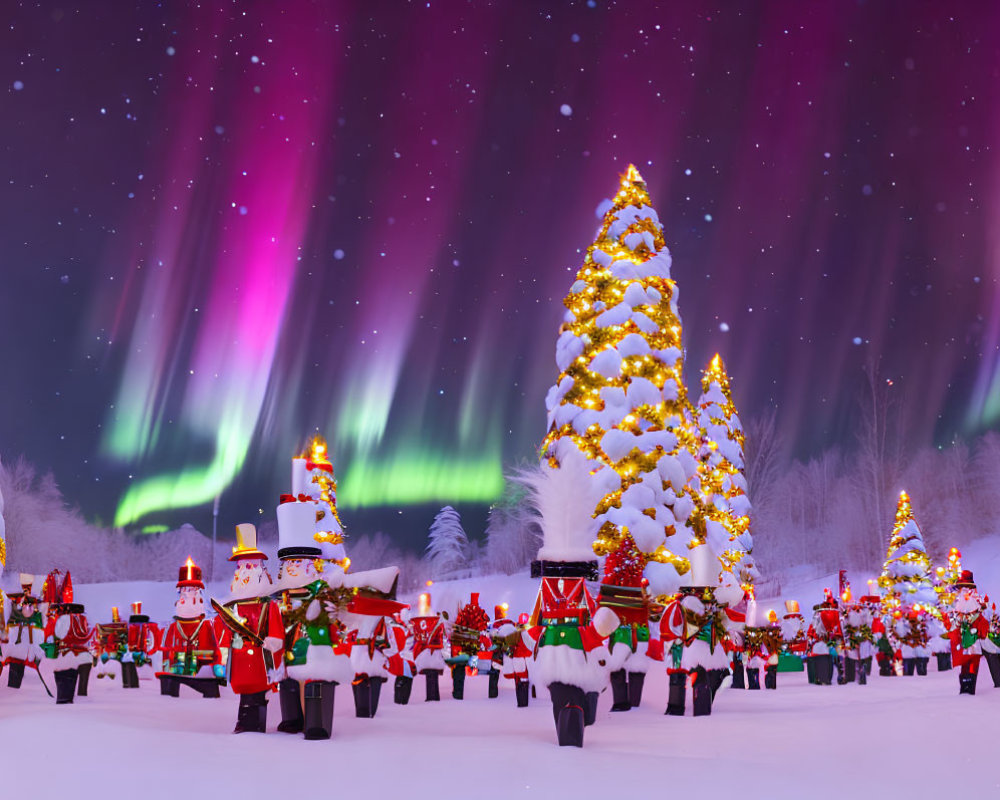 Whimsical Winter Scene with Toy Soldiers and Northern Lights