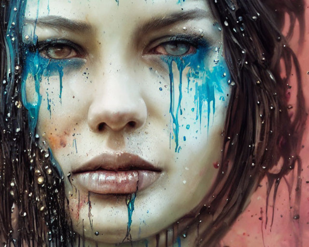 Detailed portrait of woman with blue tear-like makeup against colorful backdrop.