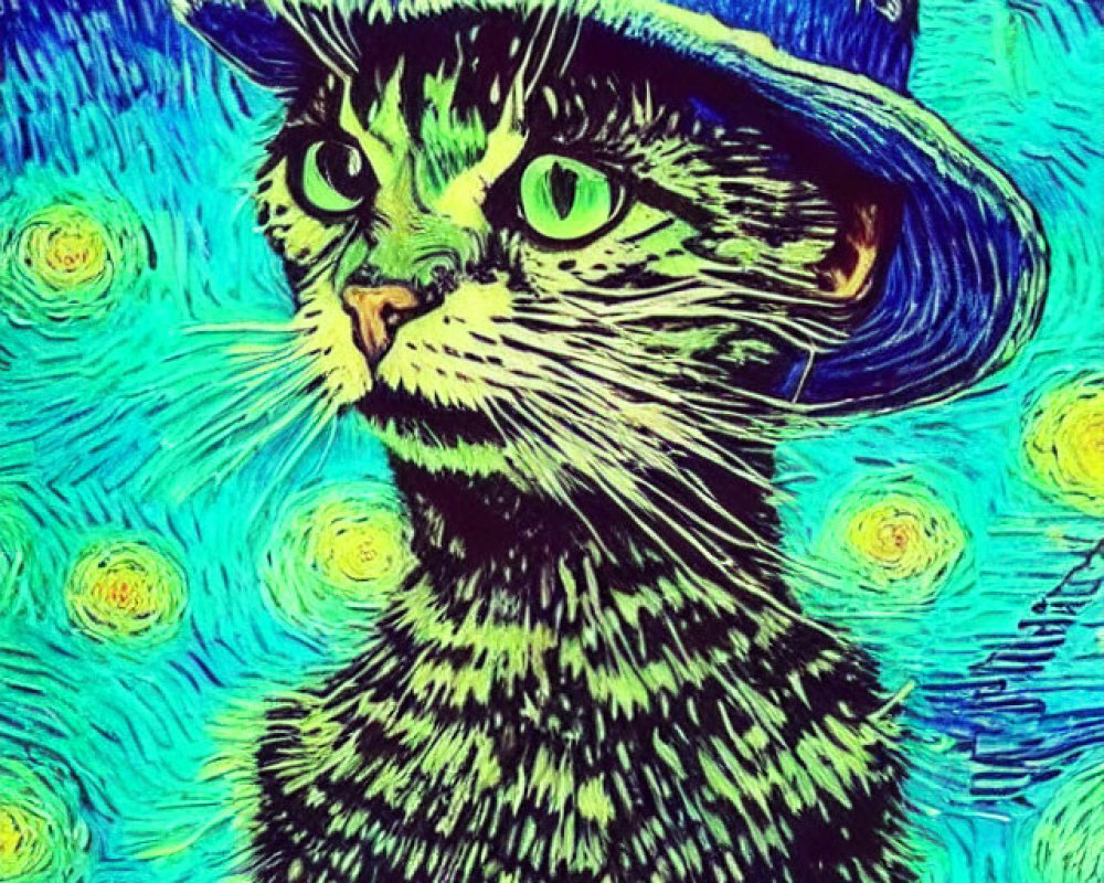 Whimsical Cat in Blue Hat Against Starry Night Sky