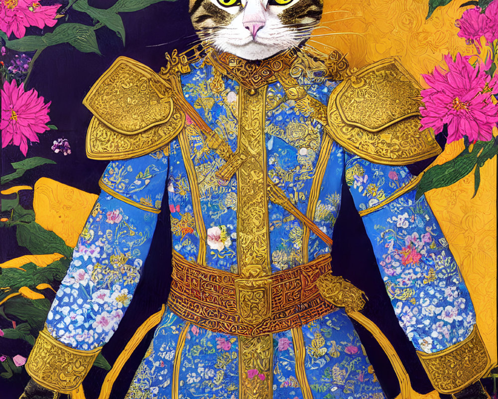 Regal Cat in Vibrant Blue Robe with Floral Designs