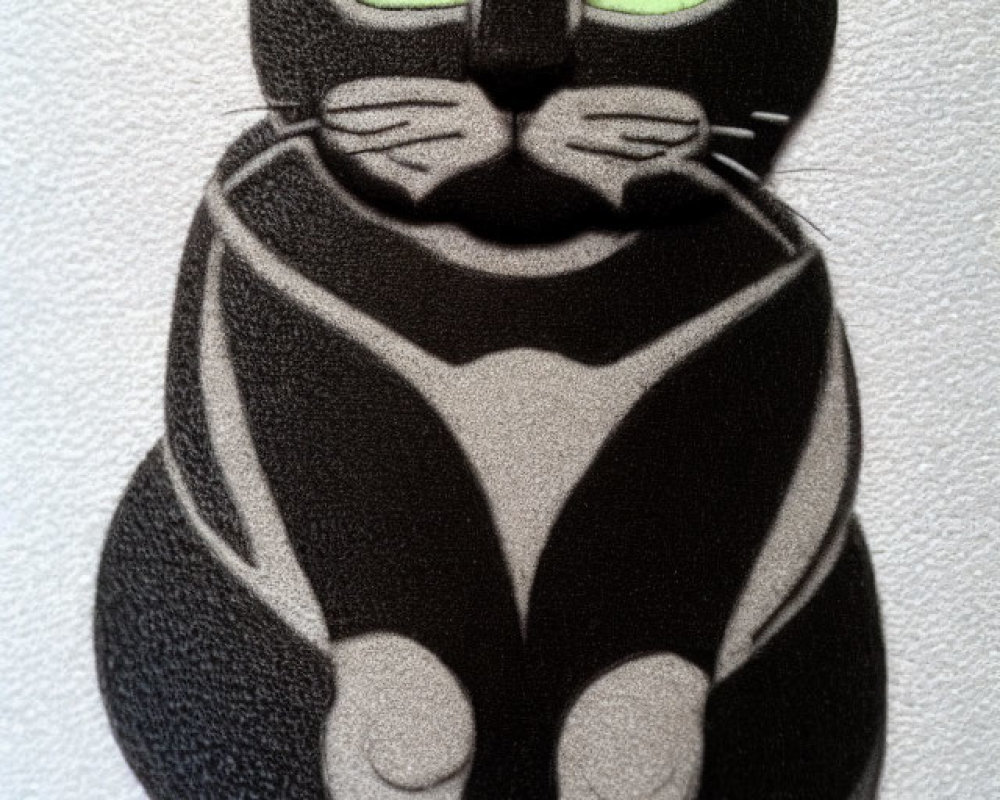 Stylized gray and black cat figure with green eyes