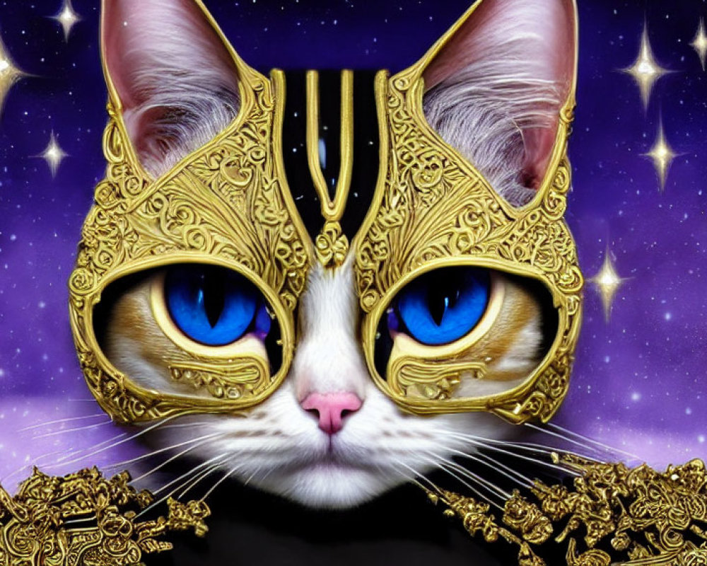 Surreal Cat with Blue Eyes and Golden Accessories