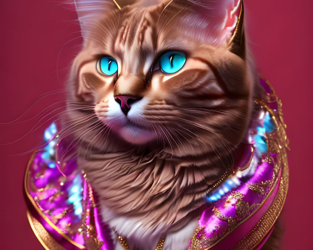 Majestic Cat with Luxurious Fur on Pink Background