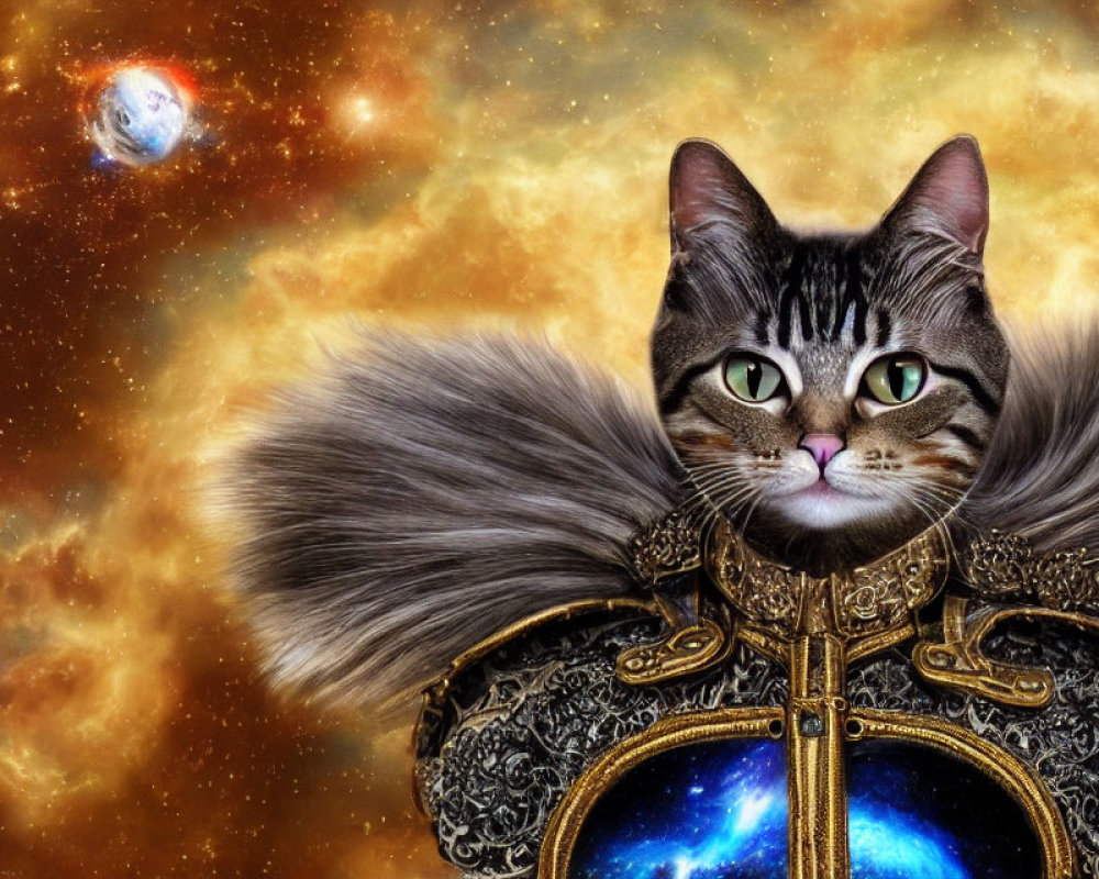 Whimsical Cat in Golden Space Suit Against Galaxies