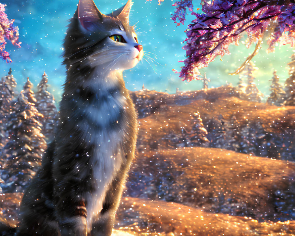 Majestic Cat in Scenic Landscape with Blossoms and Snow