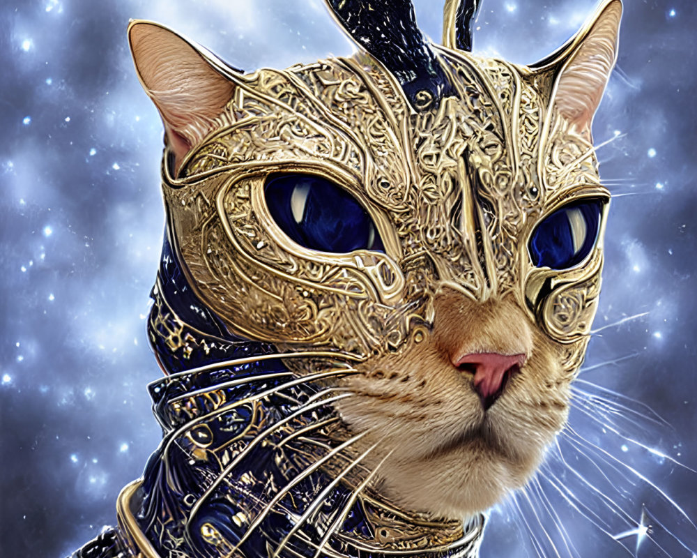 Regal Feline in Ornate Armor Under Starlit Sky