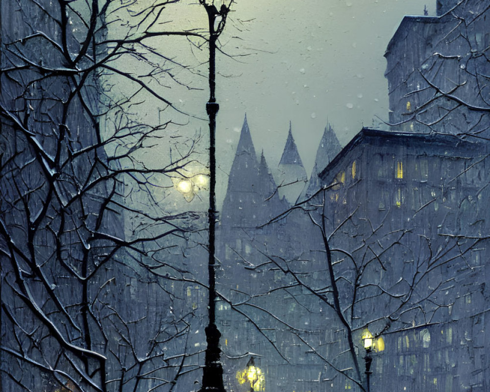 Snowy Street Scene at Dusk with Vintage Lampposts