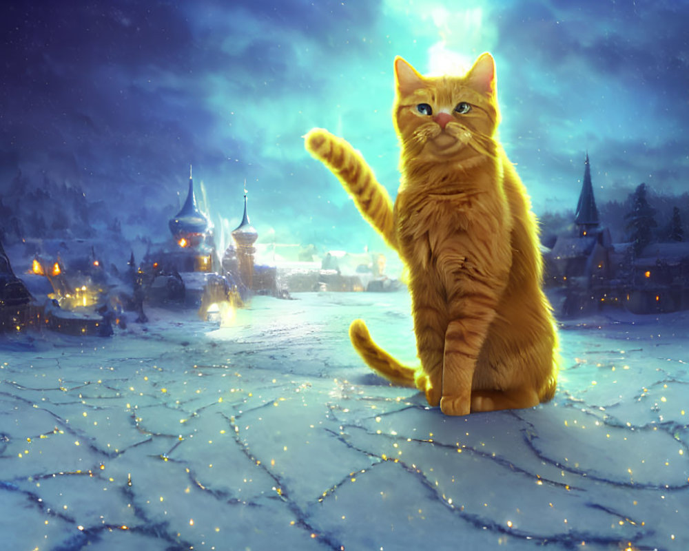 Whimsical Orange Cat in Snowy Magical Landscape