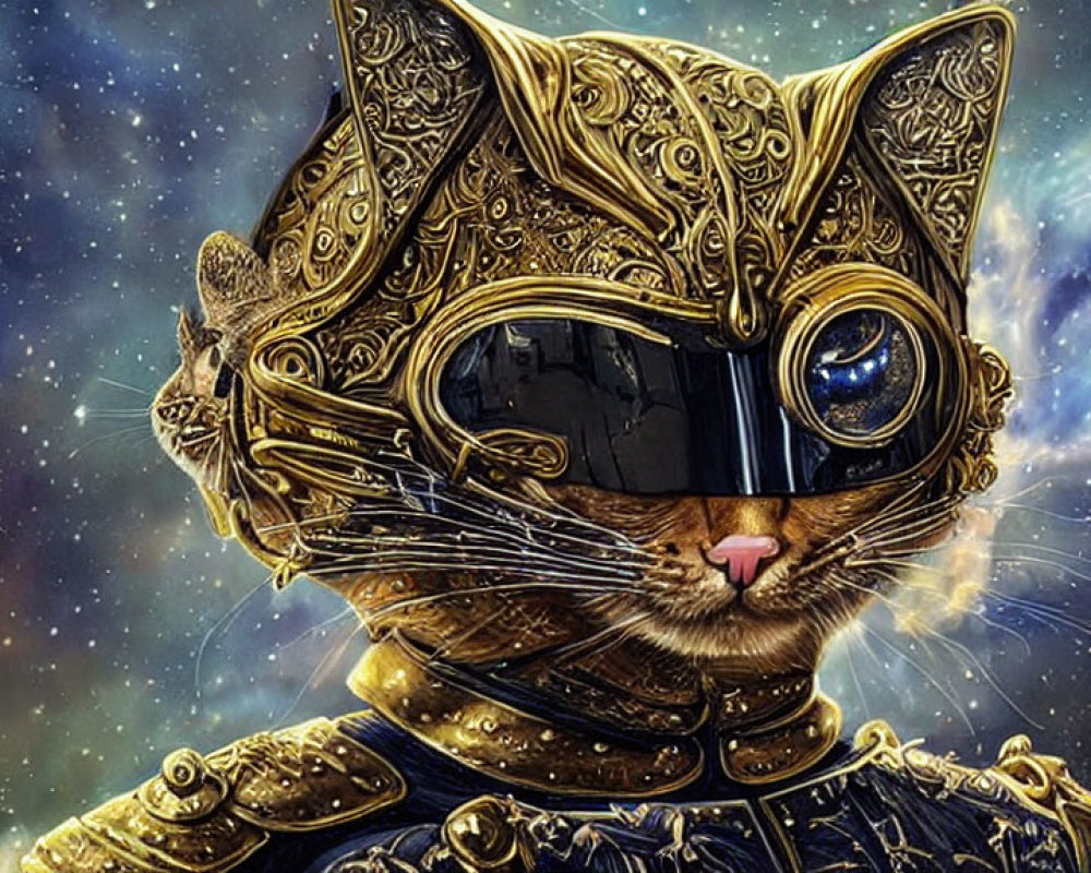 Golden Cat in Futuristic Helmet Against Cosmic Background