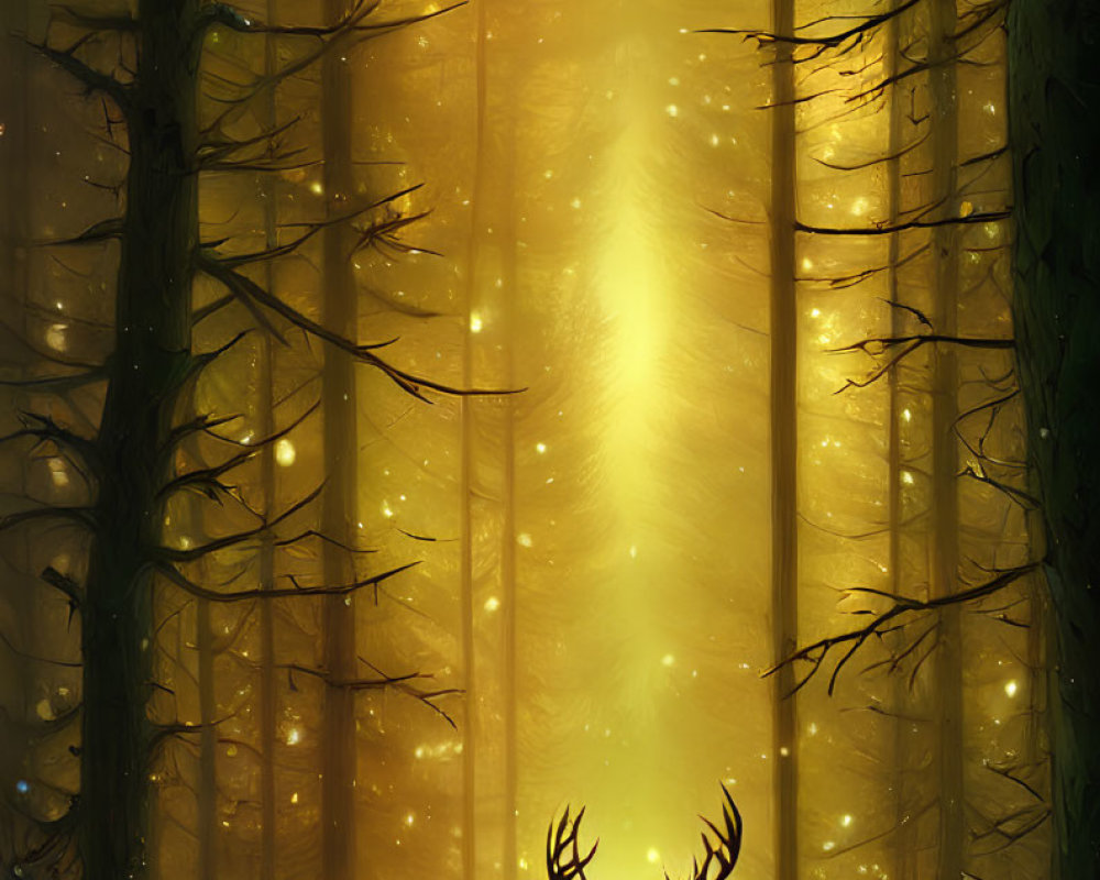 Mystical Forest Scene with Graceful Deer and Light