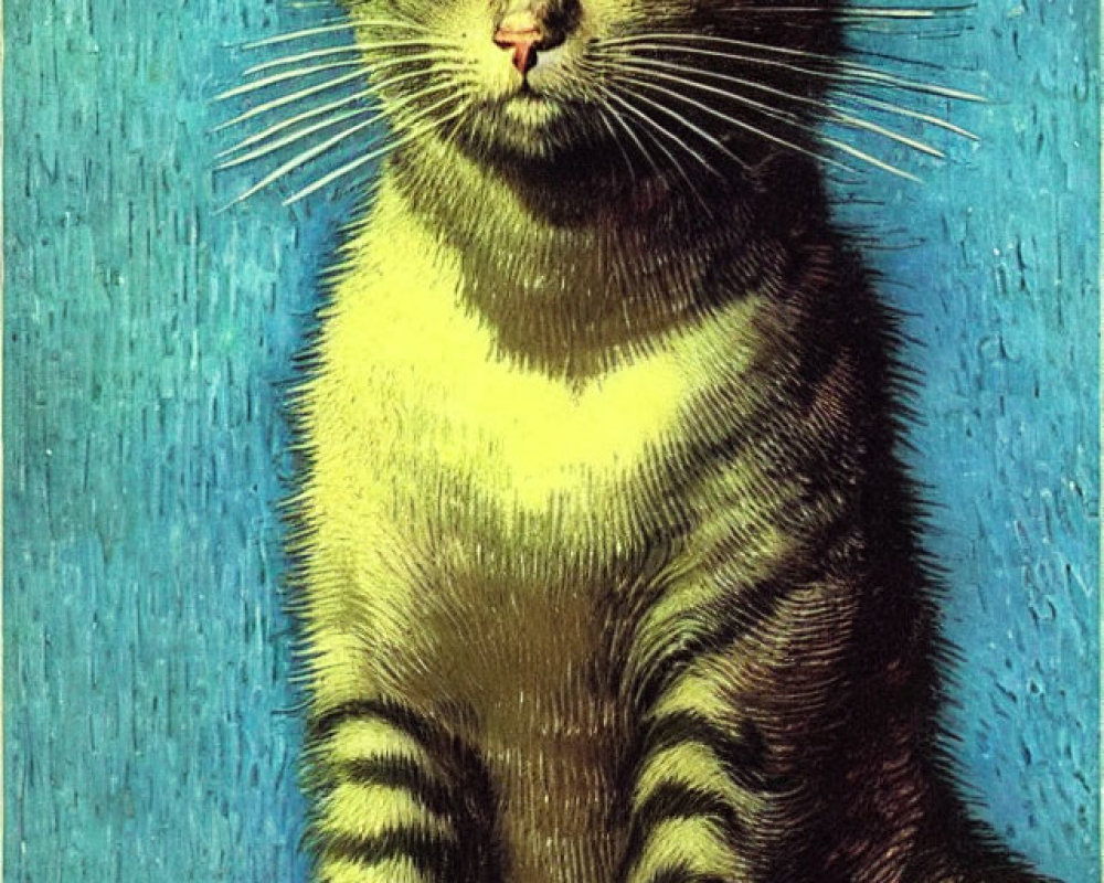 Illustration of a striped cat with yellow eyes on blue